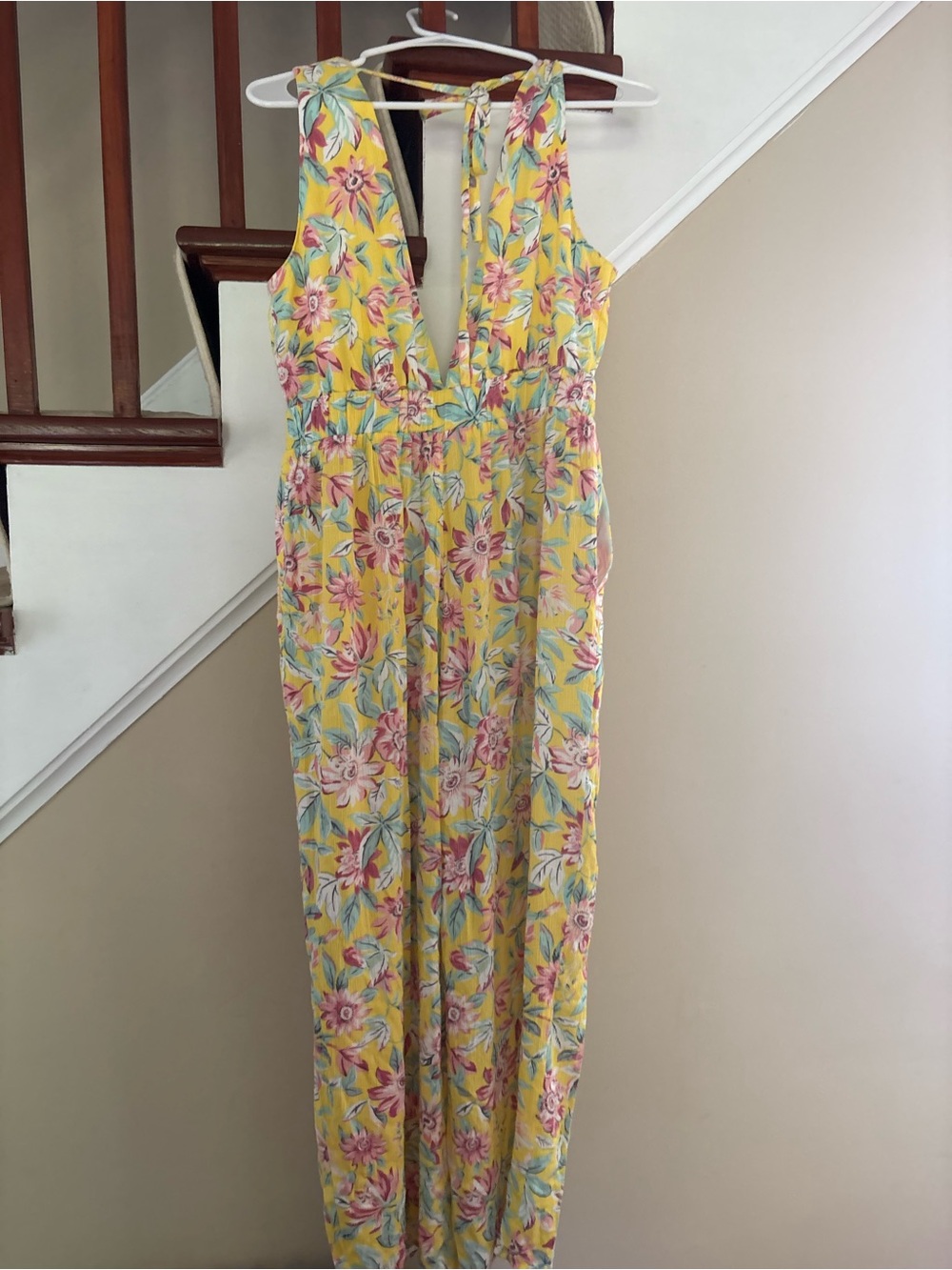LOFT Yellow Floral Sleeveless V-Neck Jumpsuit with Tie Back